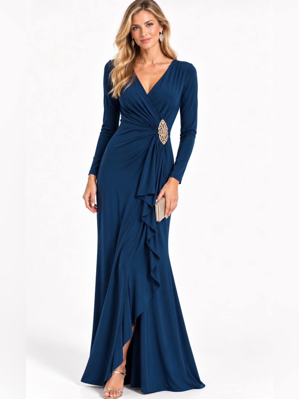 Lauren Ralph Lauren Teal Long Sleeve Draped Wrap Dress with Side Brooch 12